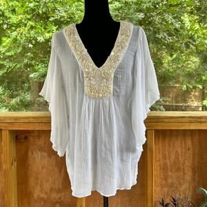 Calypso St. Barth White Gauzy Beaded Boho Blouse Size M
